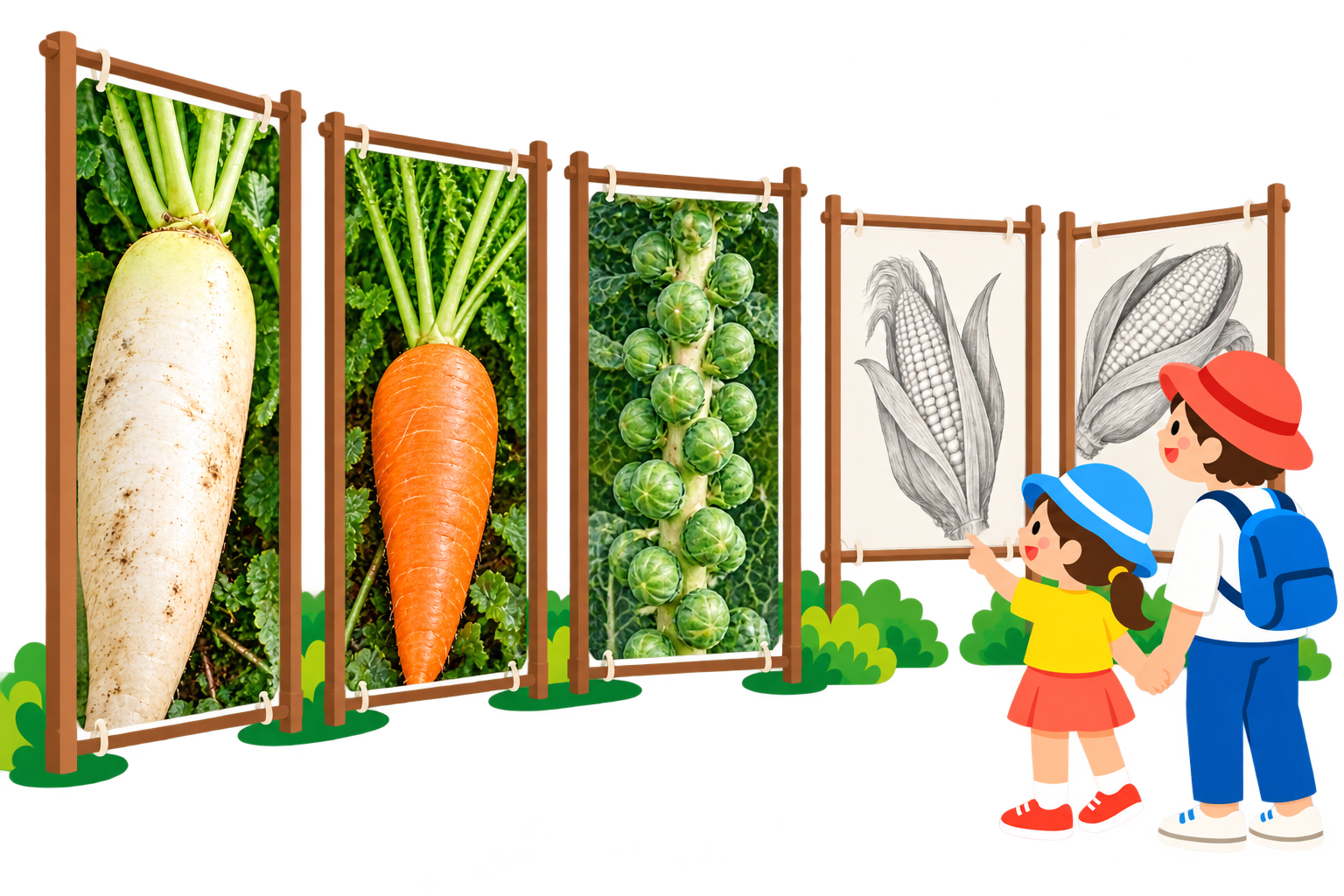 とうもろこしとカメラ、スケッチブックのイラスト