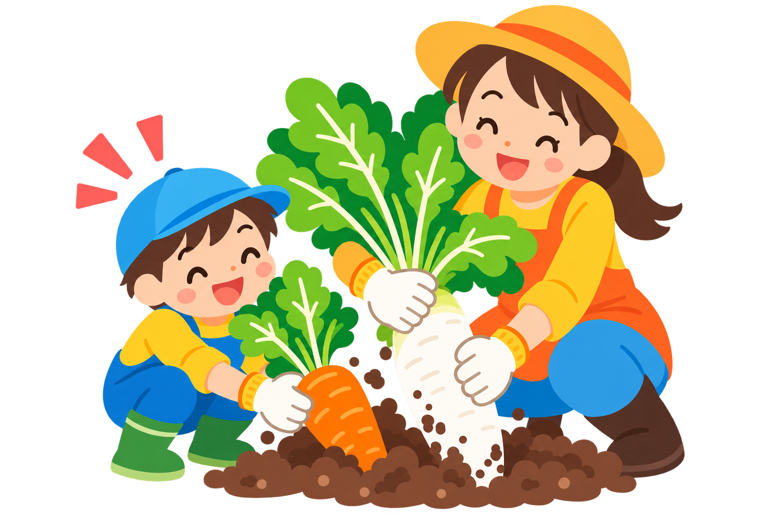 親子が大根を収穫するイラスト