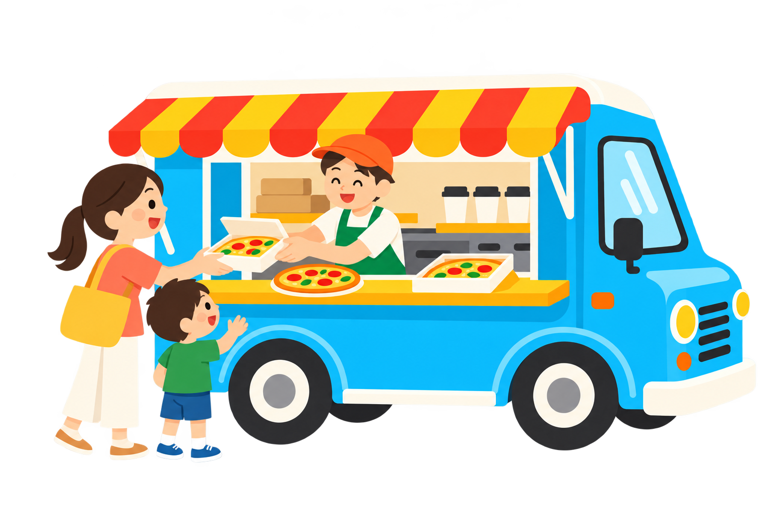 ピザやホットドッグなど、さまざまな料理を販売するキッチンカーのイラスト