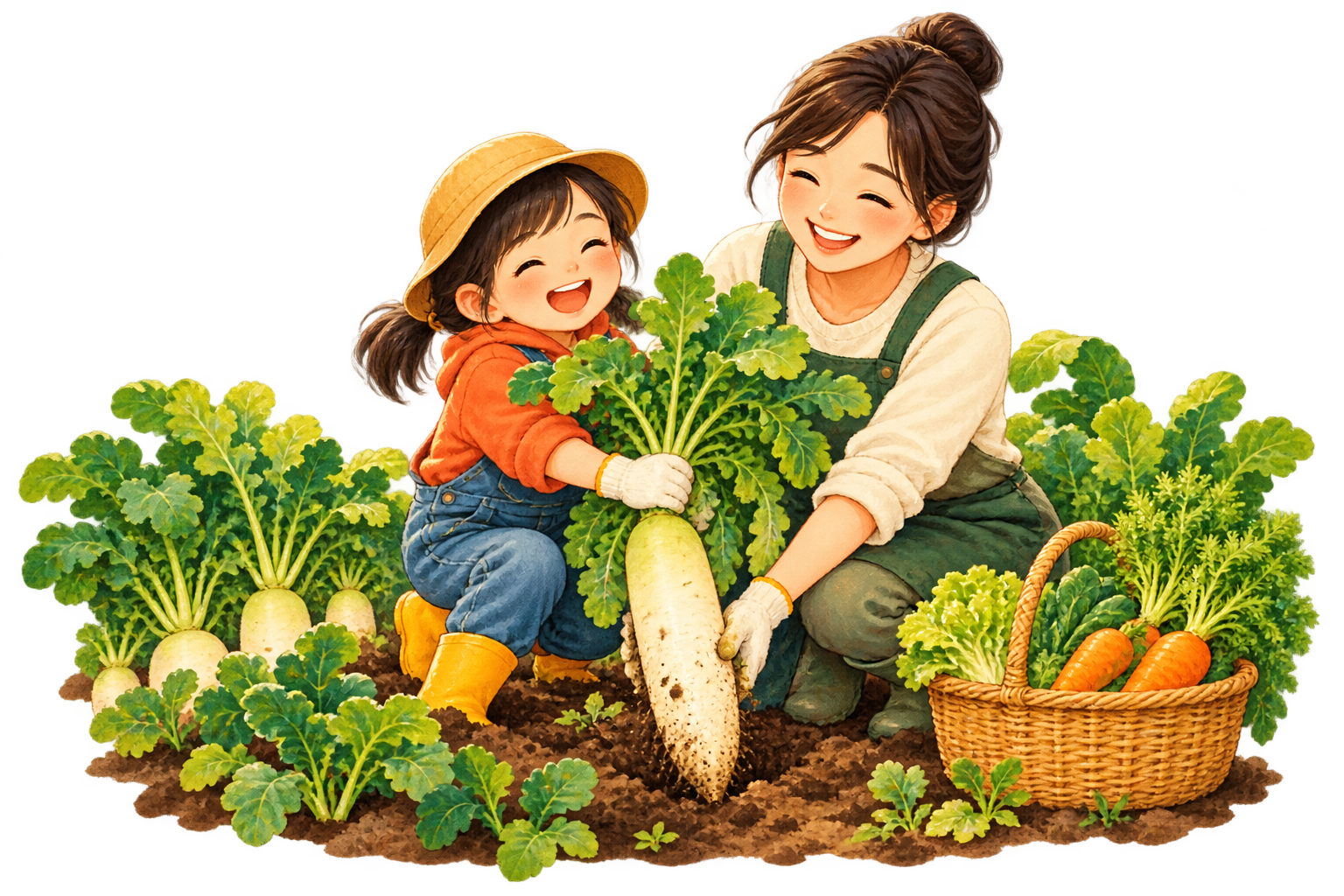 親子が大根を収穫するイラスト