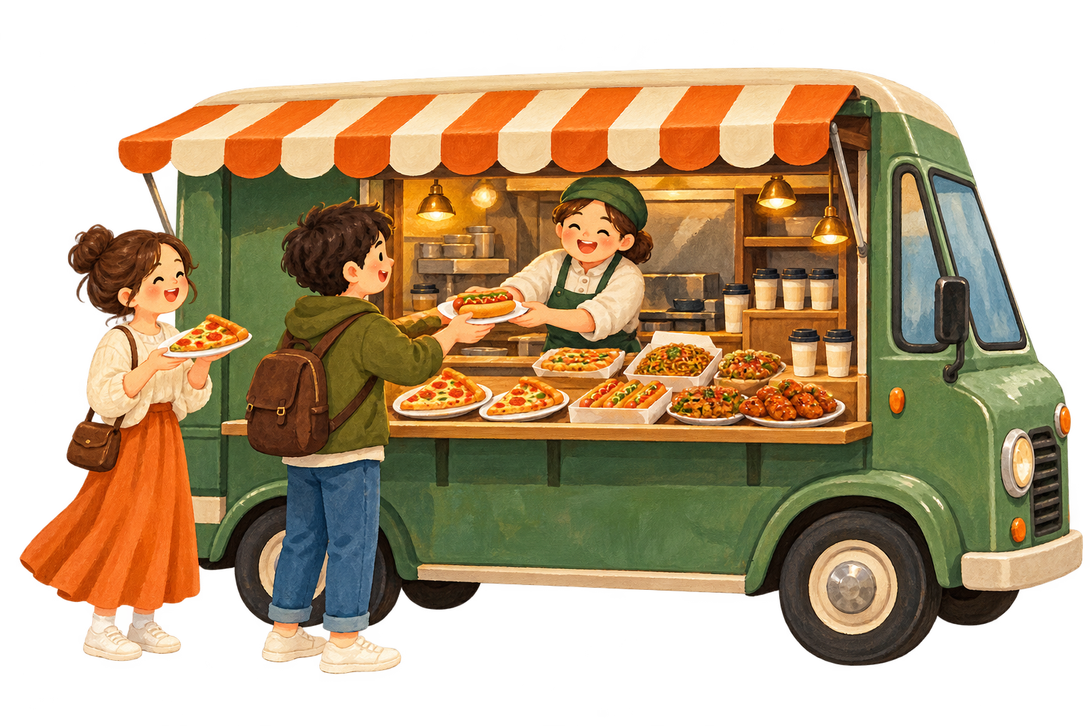 ピザやホットドッグなど、さまざまな料理を販売するキッチンカーのイラスト