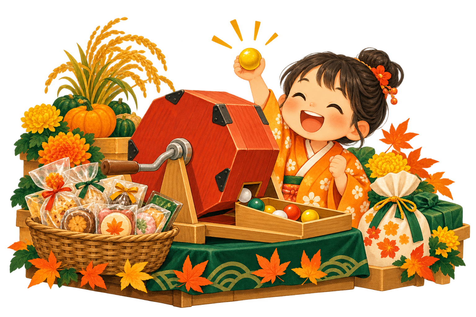 ガラポンとお菓子、喜ぶ子どものイラスト