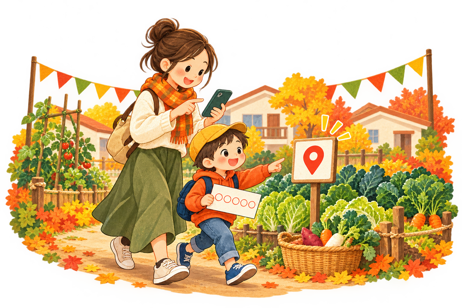 スマホを持つ親子が、野菜畑のあるまちでクイズスポットを見つけて楽しむイラスト